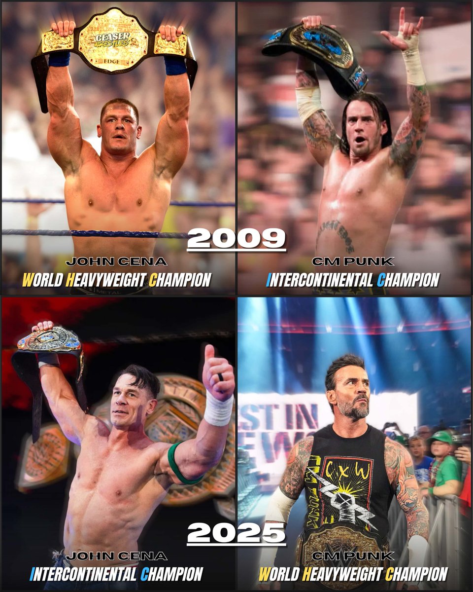 FUN FACT: In 2009, John Cena was WHC &amp; CM Punk was IC Champion. 16 years later... John Cena is IC Champion &amp; CM Punk is WHC.

FULL. CIRCLE. MOMENT. 🕊️😩
