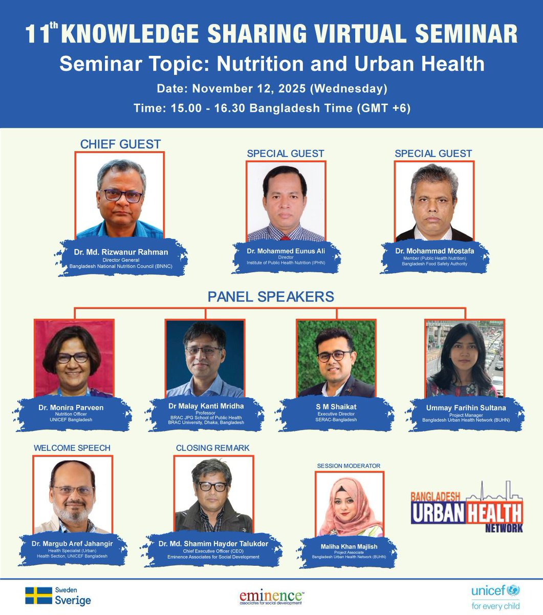 Our Executive Director, SM Shaikat, joins the 11th Knowledge Sharing Virtual Seminar on “Nutrition and Urban Health” organized by the Bangladesh Urban Health Network (BUHN) with the support of UNICEF and Sweden.

🗓️ November 12, 2025 | 3:00–4:30 PM (GMT+6)
💻 Virtual via Zoom