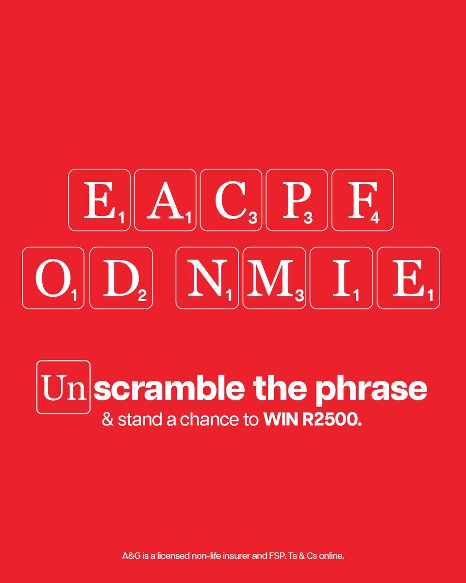 AutoandGeneral's tweet photo. Stand to WIN R2500 🏅

Complete the sentence and unscramble these letters:
E-A-C-P-F-O-D-N-M-I-E

Hint: This is some feedback we’ve recently received from happy Auto&amp;General customers. 🔐

Entry is easy, simply follow us &amp; answer in the comments with #AGLove 
#NeverNotThere https://t.co/7tiYiJ2bTv