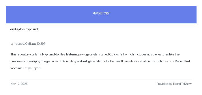 aitrendings's tweet image. end-4/dots-hyprland

💻 QML

#AIIntegration #QML #OpenSource #Hyprland #Dotfiles

🔗 trendtoknow.ai