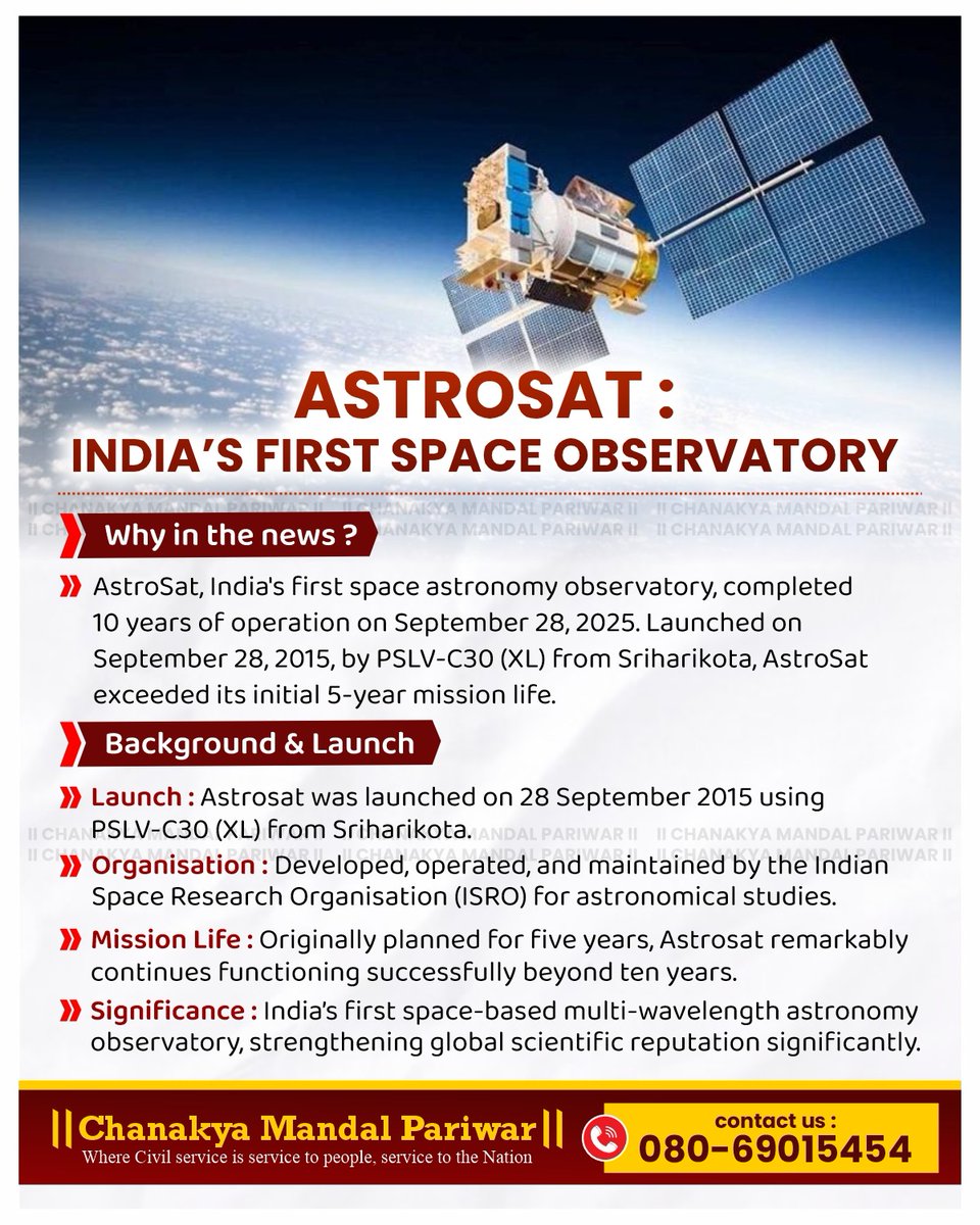 ChanakyaMandal's tweet image. #AstroSat, India’s first space observatory, marks 10 years in orbit since its launch on September 28, 2015.
A proud milestone for Indian space science continuing to unveil the mysteries of the universe beyond its original 5-year mission!

#ChanakyaMandalPariwar #UPSC