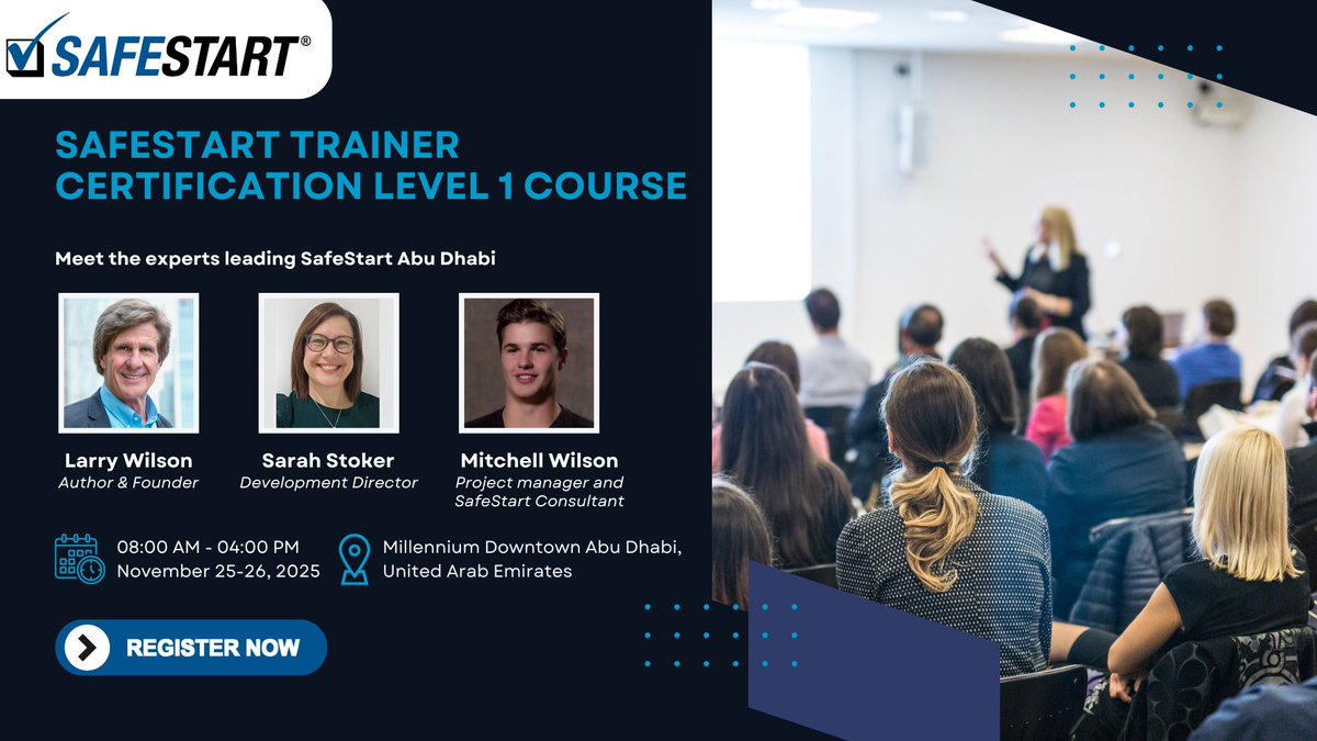 HSE_Review's tweet image. We’re proud to welcome the SafeStart International faculty to Abu Dhabi, 25–26 Nov 2025: Larry Wilson, Sarah Stoker &amp;amp; Mitchell Wilson. Gain practical tools to cut incidents &amp;amp; build lasting safety culture.

👉 Register: zurl.co/pkXbv

#SafeStart #HSE #AbuDhabi