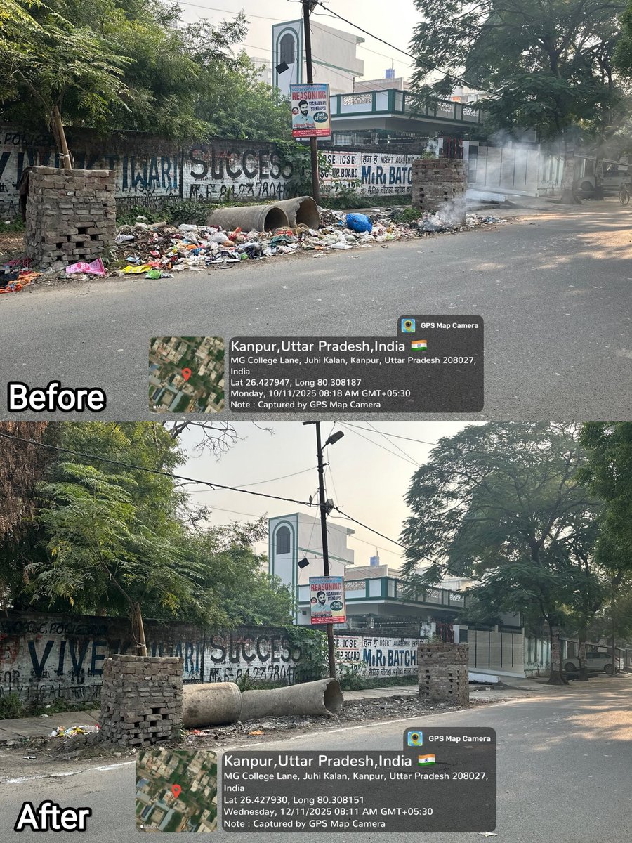 YTKDIndia's tweet image. Finally, Kanpur Nagar Nigam cleaned the MG College Lane, Juhi Kalan after months of complaints. 👏

But why is there still no dustbin?

How long before this spot turns back into a dumpsite again?