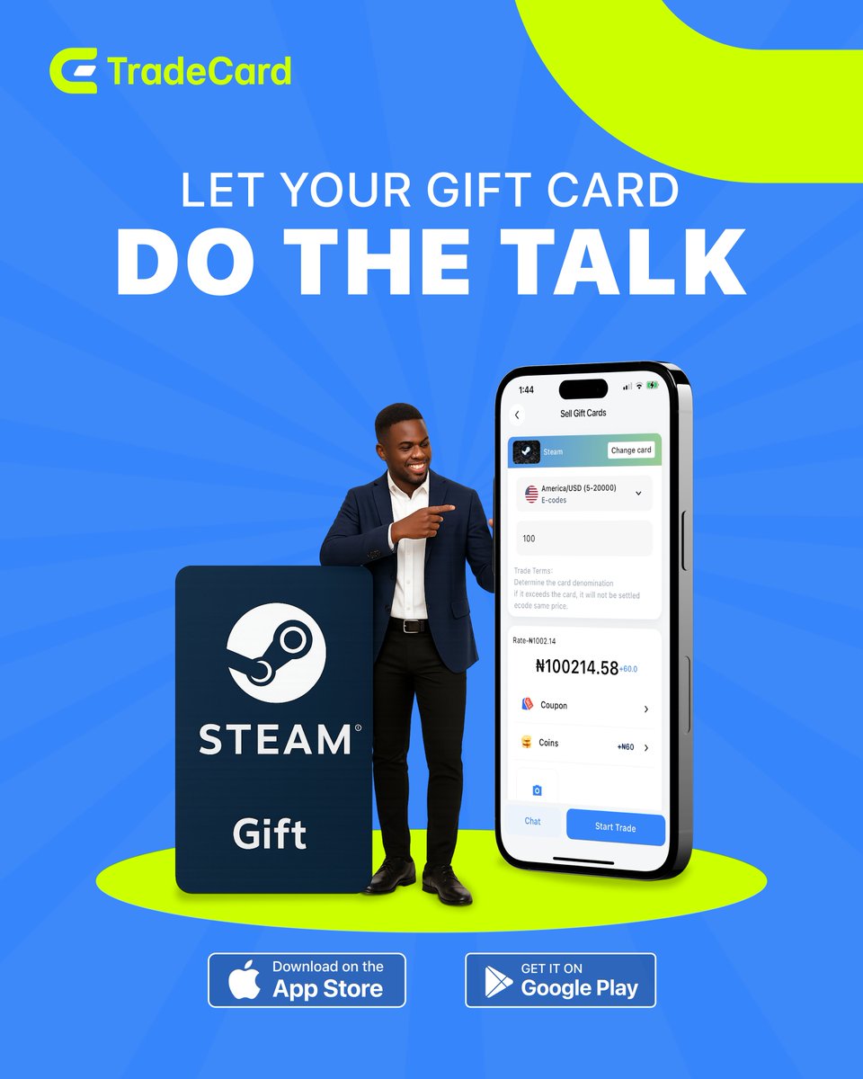 Tradecardng's tweet photo. Why talk when your gift card can do the talking? ๐
Sell your Steam cards in seconds with TradeCard!
Download now โฌ๏ธ
#TradeCard #SmartTrading #FinanceGoals #InvestBetter #MoneyMatters #TradingApp
#giftcardstrade #nigeria #fuelyourlife #giftcards #bestapp #securedtrade https://t.co/OwdHeh4UmG