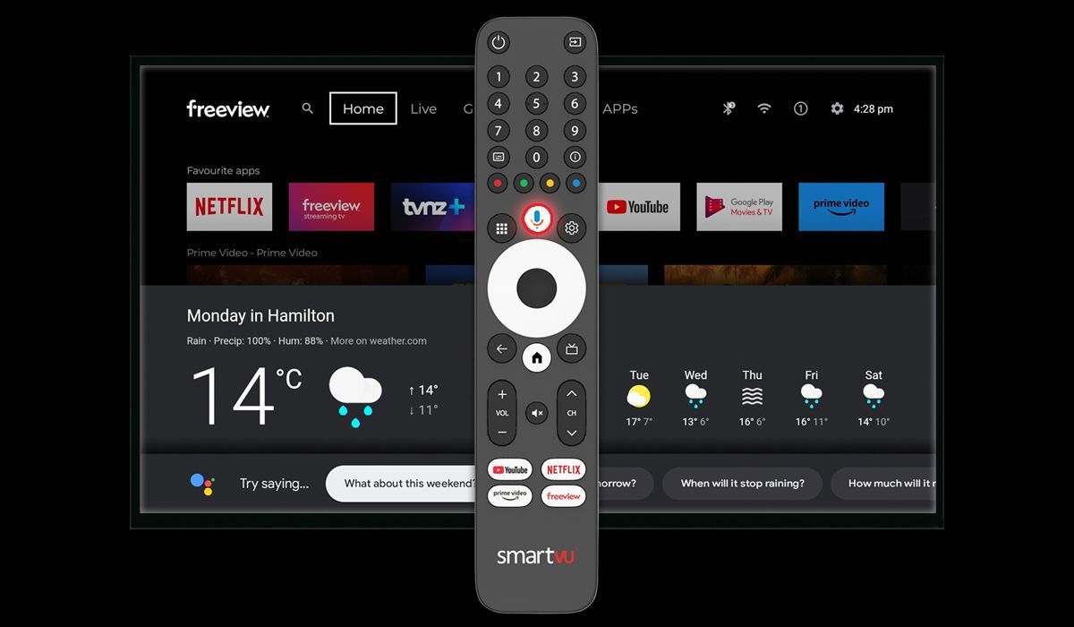 dishtvNZ's tweet image. Just say what you want! Press the mic button on your Android TV remote and talk — no typing needed.

🗣️ “Play yoga videos on YouTube”
🗣️ “Show me my day”
🗣️ “What’s the weather like in Hamilton?”

Our SmartVU range: buff.ly/iPAUICn
Your voice makes it easy.
#AndroidTV