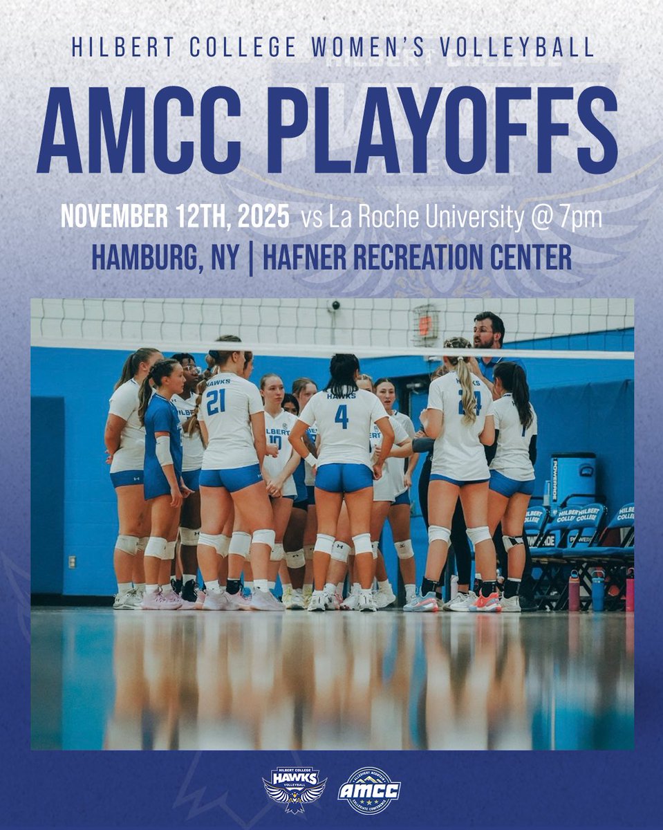 PACK THE NEST!!! WEAR YOUR HILBERT GEAR!!! Come out and show your support for the ladies as they take on La Roche in the AMCC First Round Playoffs!!! 7pm match start!!! 💙🤍💛🩶🖤 #hawkyeah #rollbirds #gobirds #volleyball #womensvolleyball #ncaa #ncaavolleyball