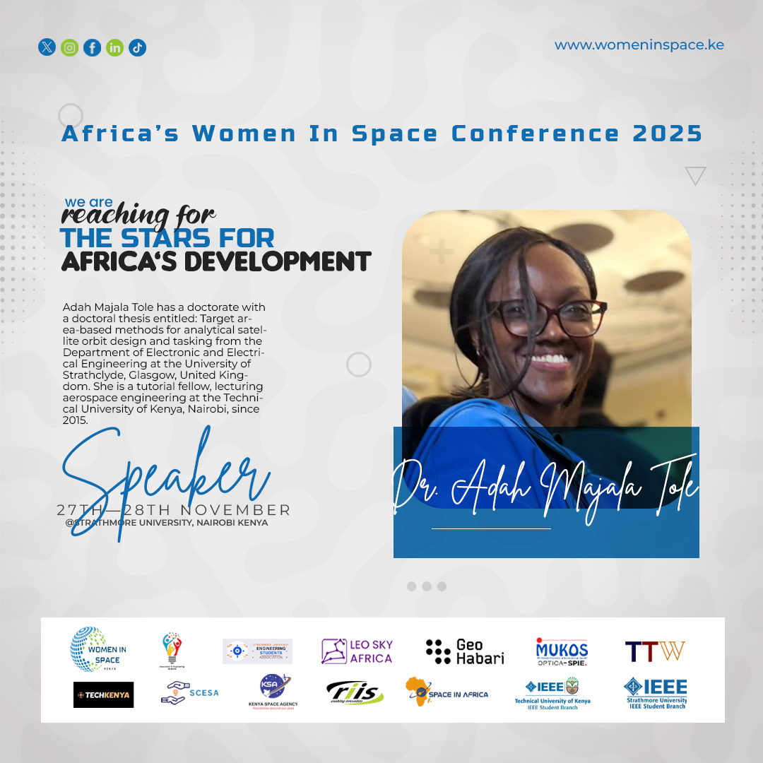 womeninspaceke's tweet image. SPEAKER REVEAL! 🔭

Welcoming Dr. Adah Majala Tole, Aerospace Engineer and lecturer at @TechnicalUni , to #AWiSC2025!

She&apos;s the expert on #SatelliteOrbitDesign and #FlightDynamics. Key session for future space engineers!

Join us 👇.
womeninspace.ke/awisc-2025/ 
 #Aerospace #STEM