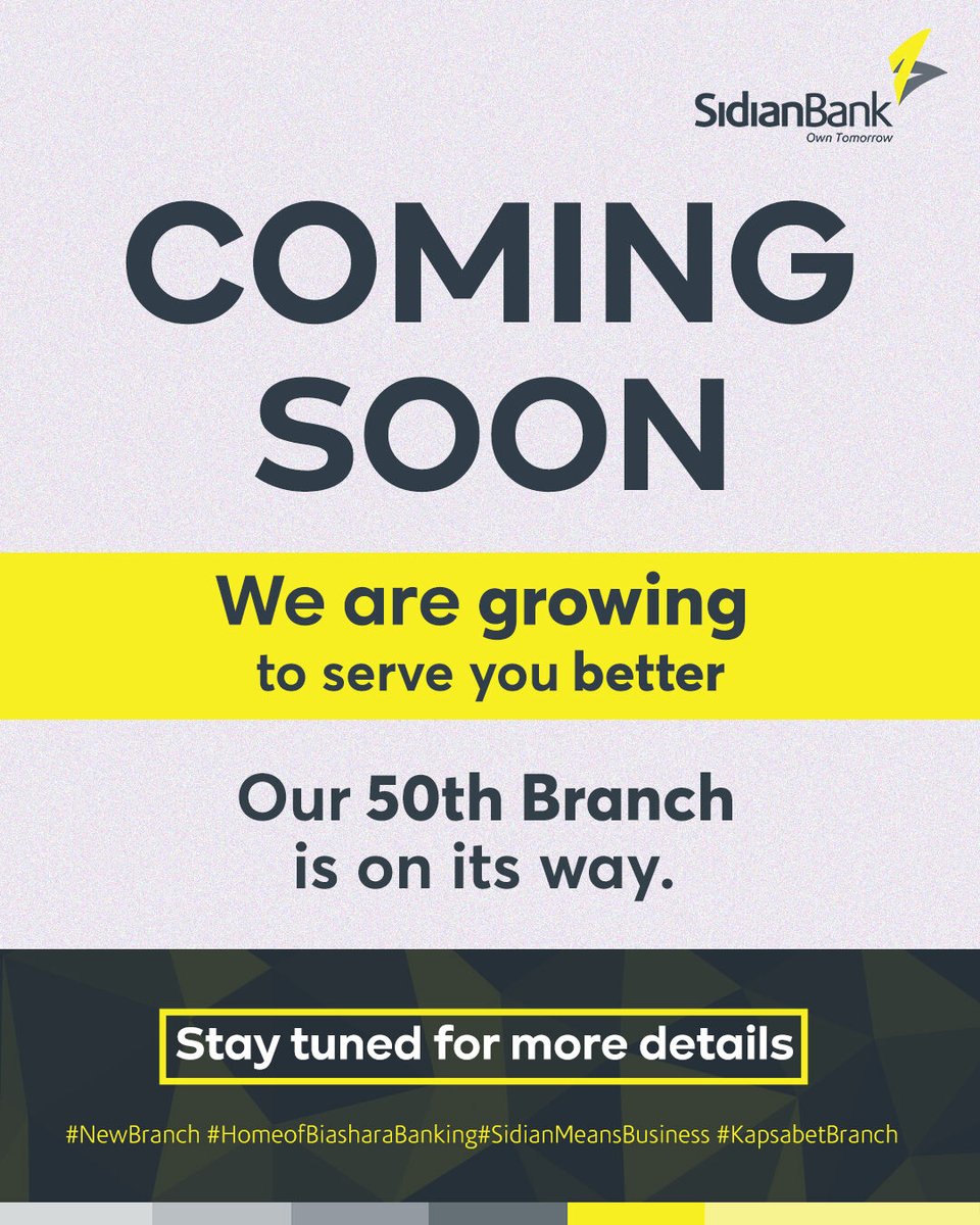 SidianBank's tweet image. We are expanding our footprint to serve you better 🌟 Get ready for a new home of Biashara Banking near you! Can you guess where our next branch will be?

#NewBranch #HomeofBiasharaBanking #SidianMeansBusiness