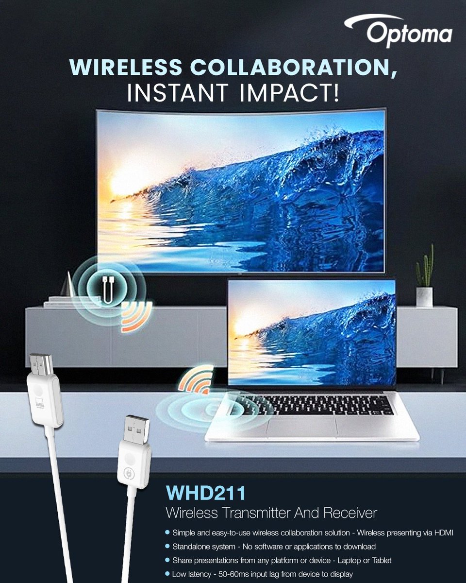 No cables. No hassle. Just seamless streaming!
Present, share, and connect instantly with the Optoma WHD211 — your plug-and-play wireless HDMI solution.

#Optoma #OptomaIndia #WirelessHDMI #HomeTheaterSetup #WirelessStreaming #SmartHomeTech #HDMITransmitter #WirelessDisplay
