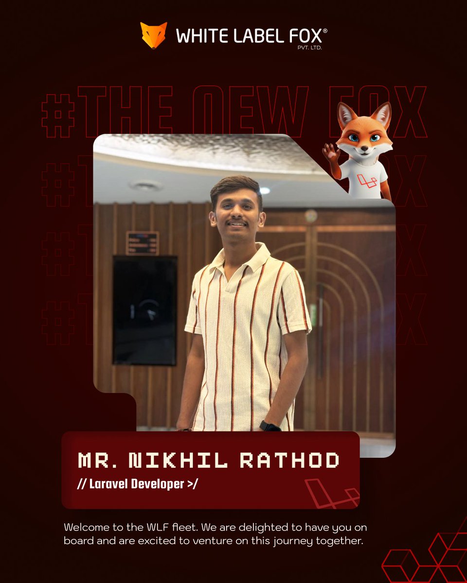 whitelabelfox's tweet image. 🦊 Foxy is thrilled to welcome Nikhil Rathod to the White Label Fox family as our new Laravel Developer! 🎉
We’re excited to see you build innovative solutions and grow with us! 🚀

#foxywelcome #newjoinee #laraveldeveloper #teamwhitelabelfox #newbeginnings #whitelabelfox #froyo