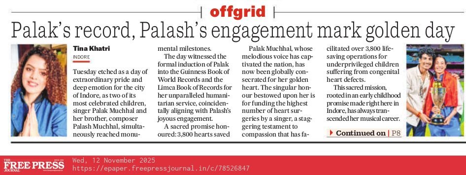 tina_k_16's tweet image. #PalakMuchhal joins Guinness World Records  Limca Book of Records for funding 3,800 heart surgeries, coinciding with brother #PalashMuchhal&apos;s engagement
Her voice inspires, her heart saves lives #HumanitarianService #IndiaPride #IndorePride #GuinnessWorldRecord #frontpage #byline