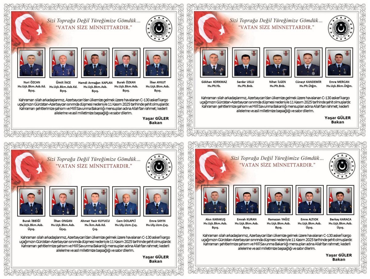 Azerbaycan’dan ülkemize gelmek üzere havalanan ve Gürcistan’da düşen askerî kargo uçağında şehit olan, aralarında hemşehrimiz Hava Uçak Bakım Astsubay Kıdemli Başçavuş Nuri Özcan’ın da bulunduğu kahraman askerlerimize Allah’tan rahmet; kederli aileleri, silah arkadaşları ile