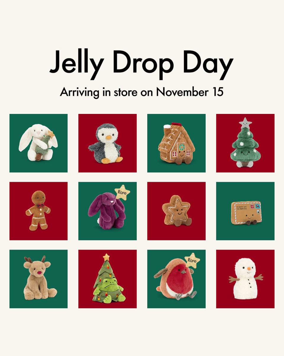 ✨🎄Your holiday wishlist called... and it wants a new (and rare) #Jellycat! 🎄✨

Save the date: These #festive Jellies arrive this Saturday, November 15th!

Selection varies by store. One per customer, per style. While quantities last. 
ow.ly/AgEj50Xorps
#Jellycats