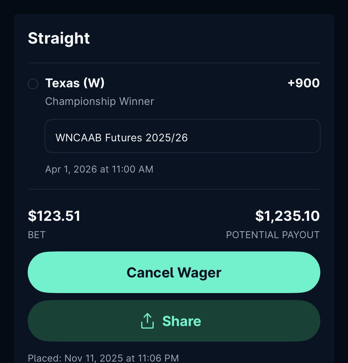 _coachlo's tweet image. Already have great value on UConn winning it all see below but you better take this now..crazy value for a Texas that made the final 4 last year. Last time they had this kind of value was SC a few years ago I hit that too! 🫱🏽‍🫲🏼