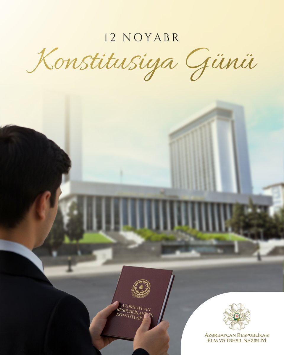 12 Noyabr  Azərbaycan Respublikasının Konstitusiya Günüdür.

Bu gün Azərbaycan Respublikası Konstitusiyasının qəbul edilməsinin 30-cu ildönümü tamam olur.

#ElmVəTəhsilNazirliyi #EduGovAz #EduAz #12Noyabr #KonstitusiyaGünü