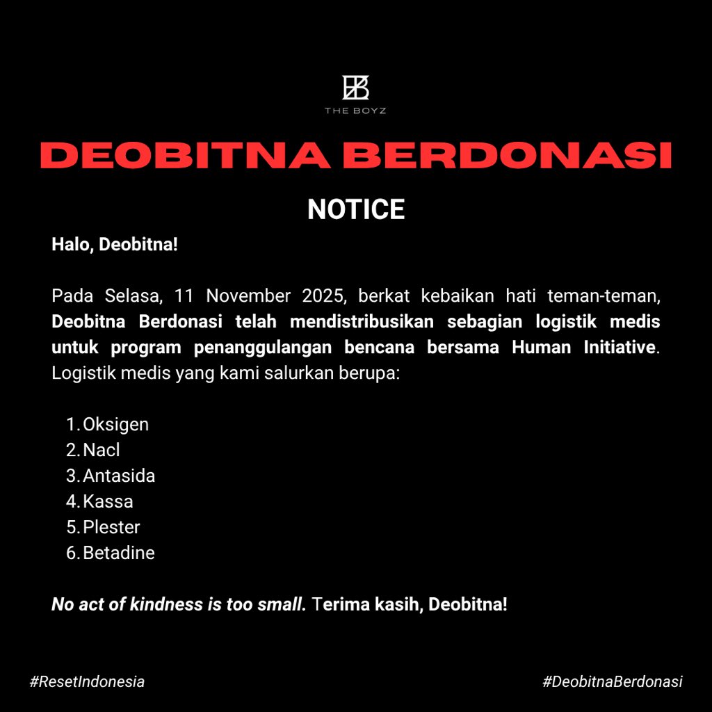 deobitnacharity's tweet photo. 📢 Halo, Deobitna!

Berkat kebaikan hati teman2, Deobitna Berdonasi telah mendistribusikan sebagian logistik medis dalam gerakan #KoreanWaveForHumanity bersama @hum_initiative &amp; @THEBOYZINDO 

Kami mengucapkan terima kasih sebesar-besarnya atas partisipasi teman2 Deobitna!❤️ https://t.co/ZLBnxsHb14