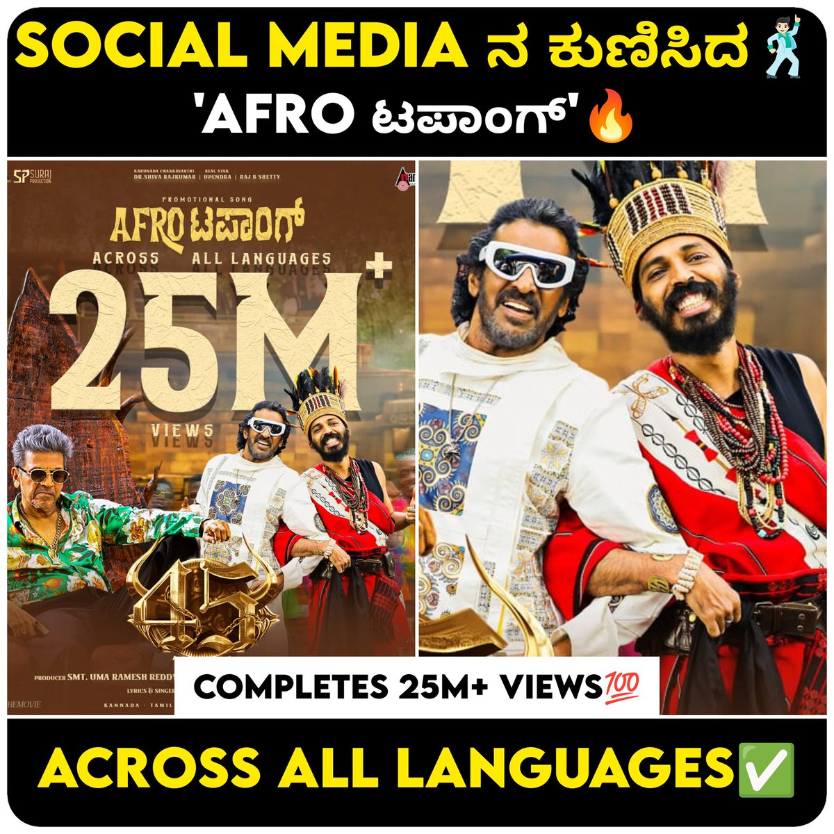 NammaKFI's tweet photo. 𝟐𝟓𝐌+𝐯𝐢𝐞𝐰𝐬 &amp; 𝐔𝐍𝐒𝐓𝐎𝐏𝐏𝐀𝐁𝐋𝐄! 🔥 
#AFROTapaang — the 𝐁𝐋𝐎𝐂𝐊𝐁𝐔𝐒𝐓𝐄𝐑 track that’s setting the dance floor on fire. 💥

Join the trend → #45IconicSteps 💃🕺
[ Song link in bio]

#MRameshReddy #ArjunJanya #DrShivarajKumar #RealStarUpendra #RajBShetty
#45The https://t.co/xFN66Ugzgm