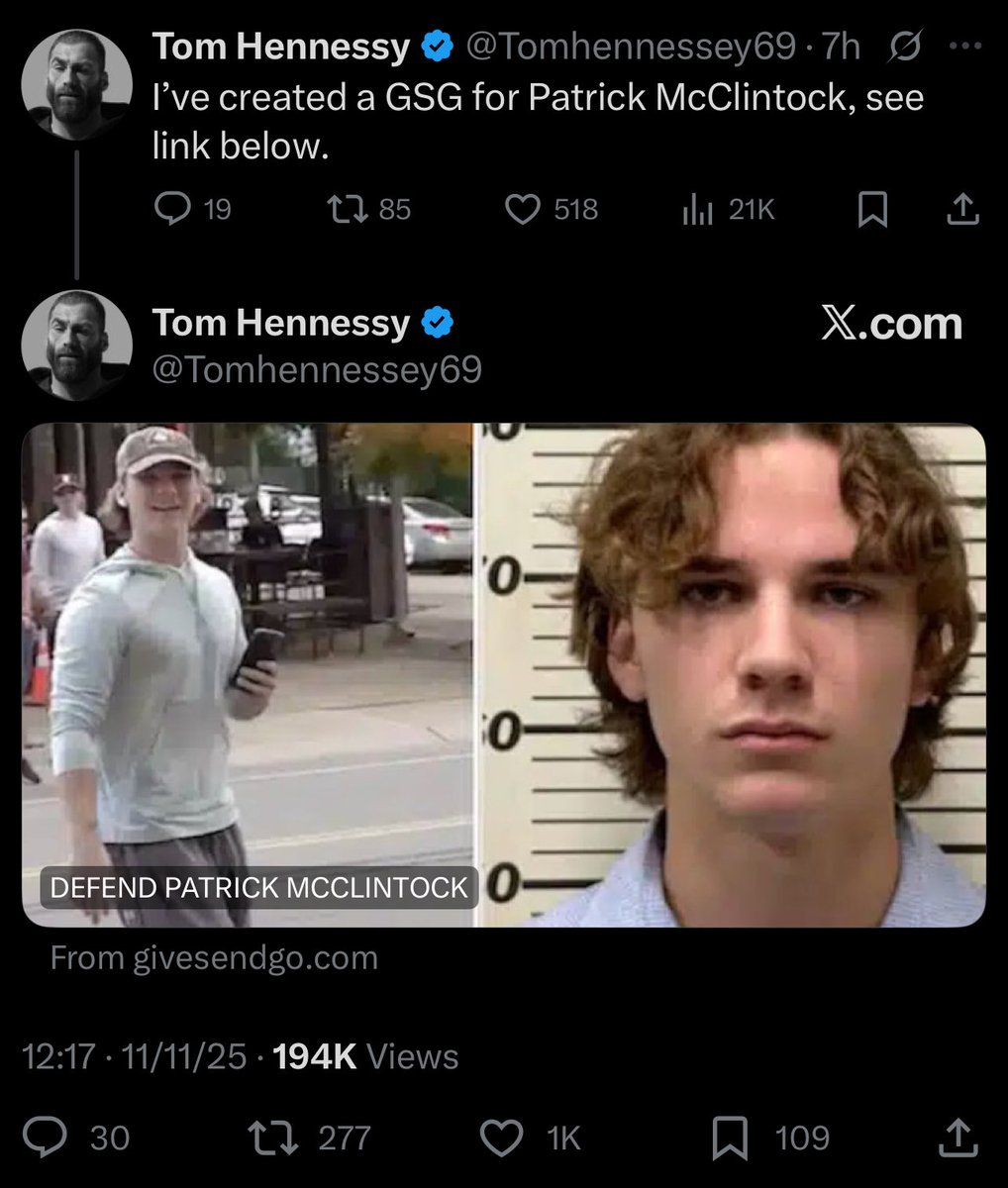 WogStalker's tweet image. It appears that Avi Rachlin, the jew who inserted himself into the Shiloh Hendrix case and then attempted to launch a side scam off the publicity, is trying to do the same thing in the case of Patrick McClintock.

Tom Hennessy is one of his sock accounts.