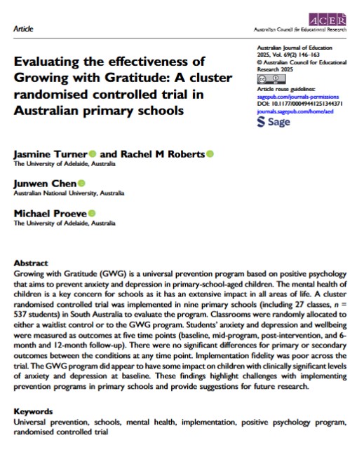 AusJournalEd's tweet image. #FreeAccess in Nov’s collection on &quot;Positive Psychology&quot;, this 2025 study evaluated the effectiveness of the Growing with Gratitude program being carried out within Australian #PrimarySchools. 
brnw.ch/21wXp8T

@UniofAdelaide @ANU_Research