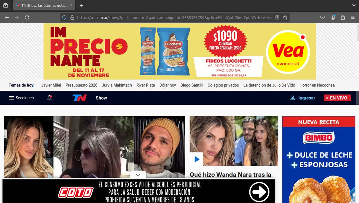 ¡Mamita querida!
Uno d los principales portales d noticias d Argentina convertido en un volante derotiseria

La unica noticia q se alcanza a ver en el 20% d la pantalla q no es propaganda... es sobre Wanda Nara!! (la 1ra noticia del portal)

La prensa es complice de la decadencia