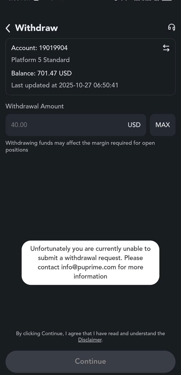 Moses1136918's tweet photo. I'm writing this to warn others and share my terrible experience with PU Prime broker. After depositing funds, I was blocked from withdrawing, it's been weeks with no resolution. Despite numerous attempts to contact them, I've been met with helplessness. @puprime @TheForexFunder https://t.co/i1yNAKfrKF