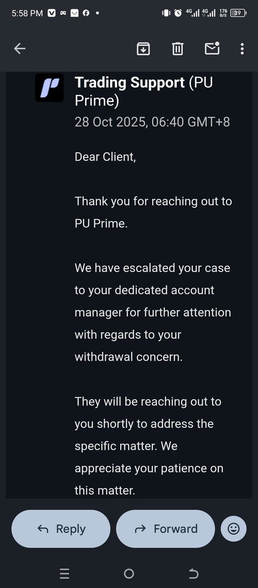 Moses1136918's tweet photo. My account manager is nowhere to be found, and customer support isn't helpful; they always send the same response: 'Your dedicated account manager will reach out.' It's clear that PU Prime isn't interested in helping their clients, I lost trust in their platform @realScamSniffer https://t.co/nNOF5PqzQb