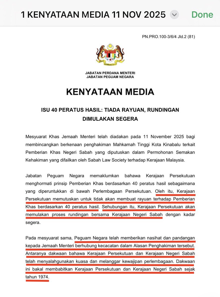 weechookeong's tweet photo. Kenyataan Jabatan Peguam Negara 11 Nov 2025 Terhadap Keputusan Mahkamah Tinggi Di Sabah - Mengenai Pemberian Khas Berdasarkan 40% Hasil Kepada Negeri Sabah

Kerajaan Persekutuan memutuskan untuk tidak akan membuat rayuan terhadap Pemberian Khas berdasarkan 40 peratus hasil.  … Kerajaan Persekutuan akan memulakan proses rundingan bersama Kerajaan Negeri Sabah ,,,,

Perenggan 3 kenyataan tersebut menyatakan: 

Peguam Negara telah memberikan nasihat dan pandangan kepada Jemaah Menteri berhubungan KECACATAN dalam Alasan Kehakiman tersebut. …

Perenggan terakhir kenyataan:

… Alasan Penghakiman juga menyatakan bahawa Kajian Semula selepas tahun 2021 MENYALAHI UNDANG-UNDANG, tidak rasional, …. Kerajaan Persekutuan akan MERAYU berhubung kecacatan dalam Alasan Penghakiman tersebut. 

Adakah proces ini akhirnya sama macam rayuan terhadap keseruluhan keputusan Mahkamah Tinggi Di Sabah tersebut? 

Kenyataan penuh Pejabat Peguam Negara di bawah

@p_warisansabah @ShafieApdal_myg  
@anwaribrahim @AGCPutrajaya @partiwarisan 
#Sabah #PRN17  #Madani #PemberianKhas #PemberianKhas40%