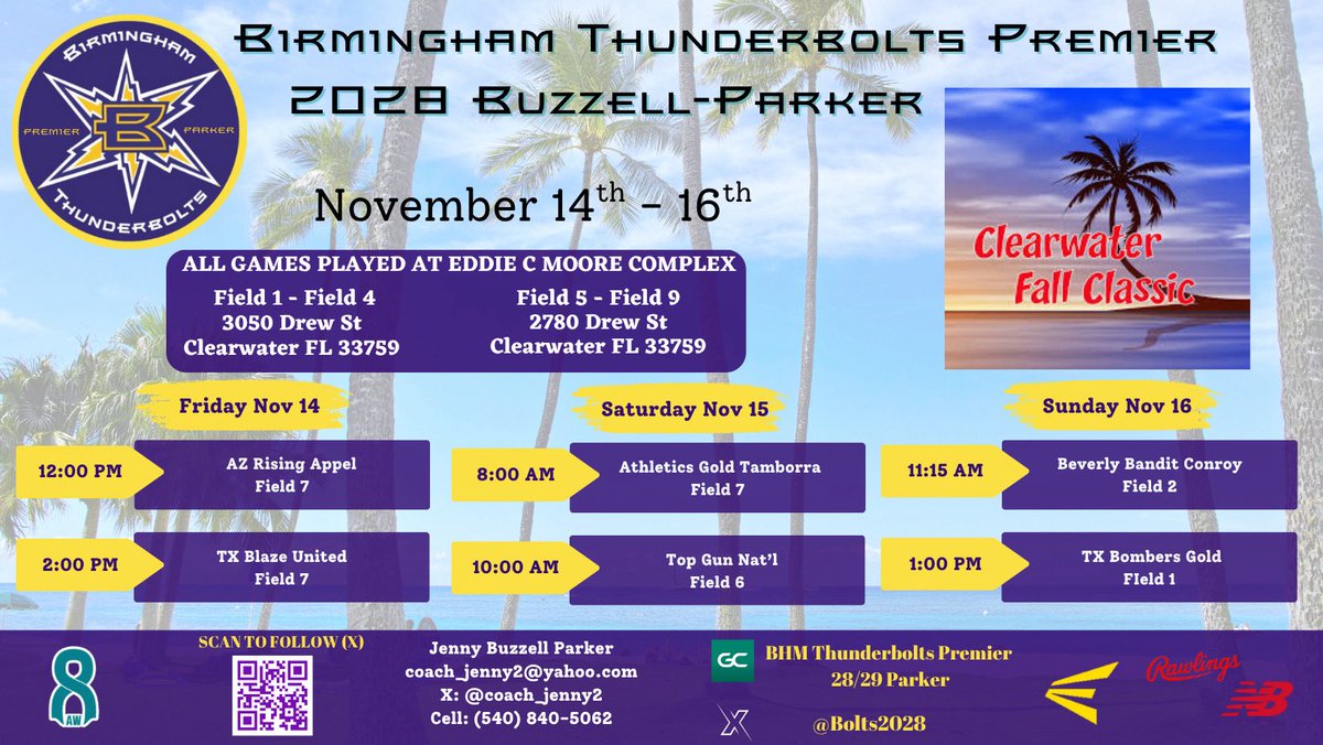 Next stop ➡️ Clearwater☀️🕶️⛱️
Hope to see you there! 

<a href="/Bolts2028/">Bham Bolts 2028 Premier | Buzzell-Parker</a> <a href="/coach_jenny2/">Jenny Buzzell-Parker</a> <a href="/dtc81/">David Crockett †</a> <a href="/jacobbrashears/">Jacob Brashears</a> <a href="/E_johnson3011/">eric johnson</a> <a href="/CoastRecruits/">Coast 2 Coast Recruits</a> <a href="/TopPreps/">TOP PREPS - Free Sports News, Videos & Information</a> <a href="/CoastRecruitsSB/">Coast Recruits 🥎</a> <a href="/D1Softball/">D1Softball</a> <a href="/gatorjack72/">Girls In The Game</a> <a href="/BallGirlSports/">BallGirlSports</a> <a href="/AKHSSoftball/">Ardrey Kell Softball</a> <a href="/LineDsoftball/">Line Drive Media</a> <a href="/ExtraInningSB/">EXTRA INNING SOFTBALL</a> <a href="/los_stuff/">Carlos Arias</a> <a href="/SportPrepX/">SportPrepX</a>