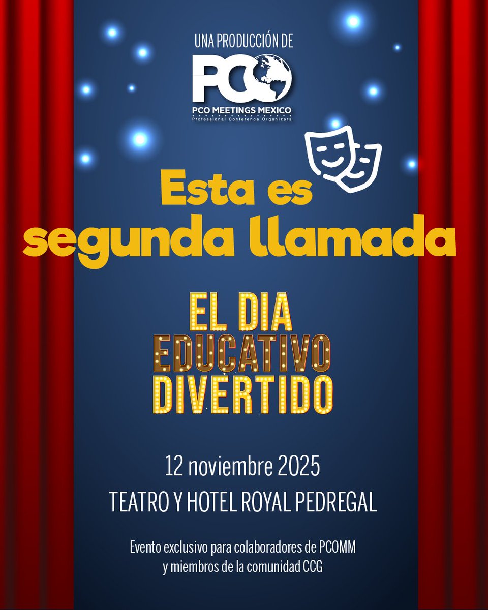📣🎭¡𝗦𝗲𝗴𝘂𝗻𝗱𝗮 𝗹𝗹𝗮𝗺𝗮𝗱𝗮!
Mañana viviremos un Día Educativo Divertido, porque aprender no tiene que ser algo serio todo el tiempo 😉.

#InnovaciónYLiderazgoQueNosFortalece #PCOMM #DíaEducativoPCOMM #CCG #IndustriaDeReuniones
