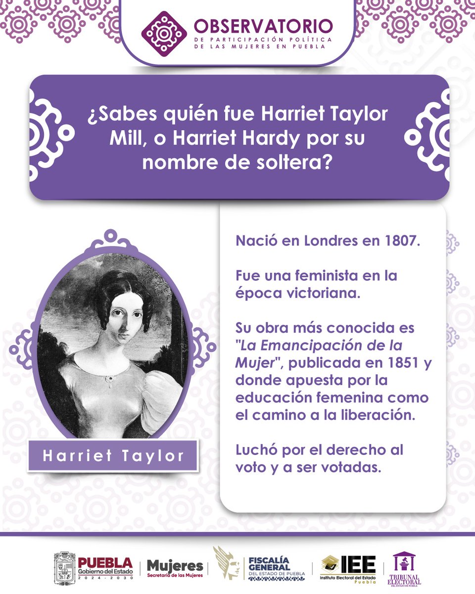 Obsmujer98164's tweet photo. En el Observatorio de Participación Política de Mujeres en #Puebla, hoy recordamos a la filósofa inglesa Harriet Taylor, quien dedicó su vida a construir un mundo más equitativo para la mujer. https://t.co/nw5vF99RXD