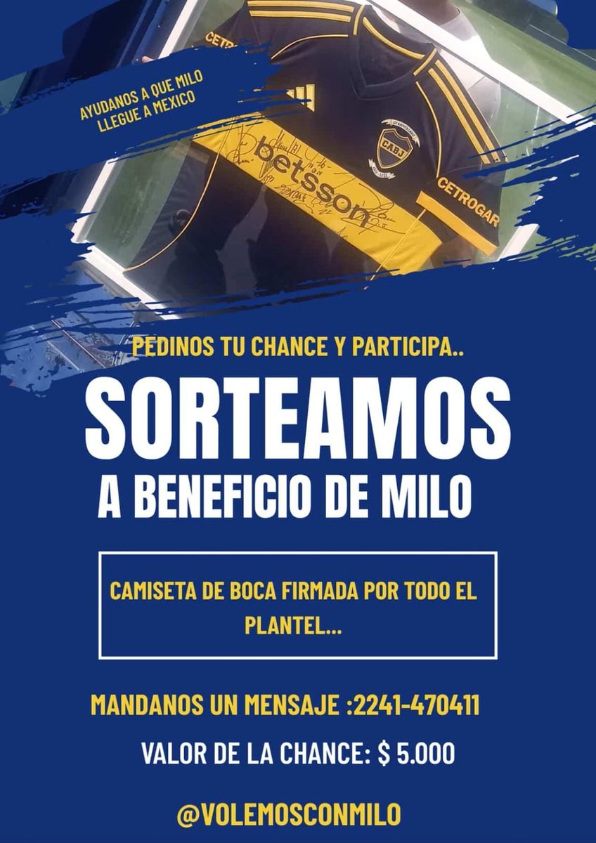 #TodosPorMilo

Milo, de 6 años, nació prematuro y con apenas 1 kilo de peso. Fue diagnosticado con parálisis cerebral y necesita ayuda para viajar a México para realizarse un tratamiento. 

Está sorteando una camiseta de Boca firmada por el plantel para juntar fondos.