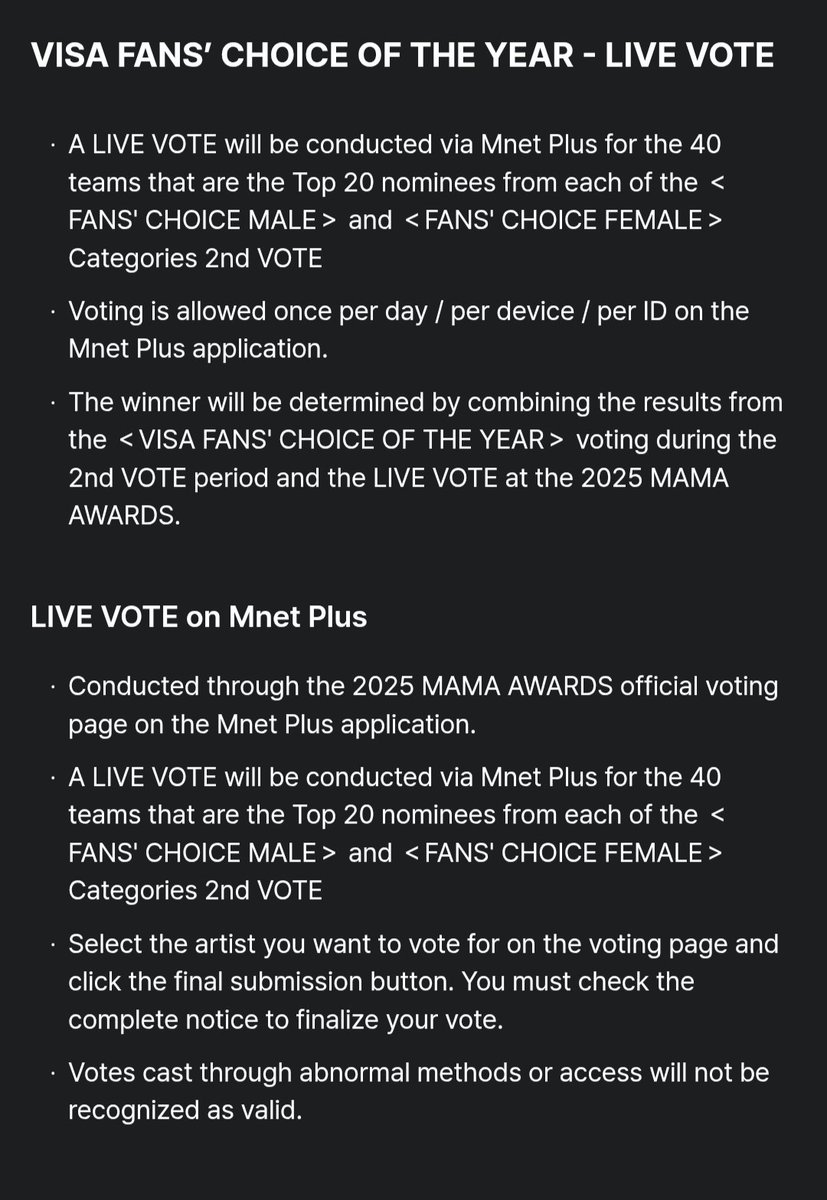 📢 REMINDER, TEUMEs!

There will be LIVE VOTING on the Mnet Plus App during the MAMA AWARDS live broadcast on November 28 🗓️

⚠️ This live vote counts for 10% of the FINAL MAMA vote, so it’s very important!
Make sure to prepare your accounts early and join the live voting when it