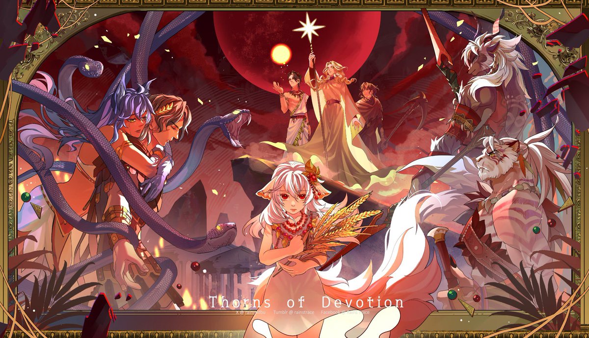 Under a crimson moon’s gaze, time unwinds its ancient weave. From sacrifice’s shadow, a tender hope blooms, laced with peace’s soft echo. As the blood moon fades, seeds of hope scatter across the land, wounds heal, and fates intertwine.

#afkjourney #ThornsofDevotion