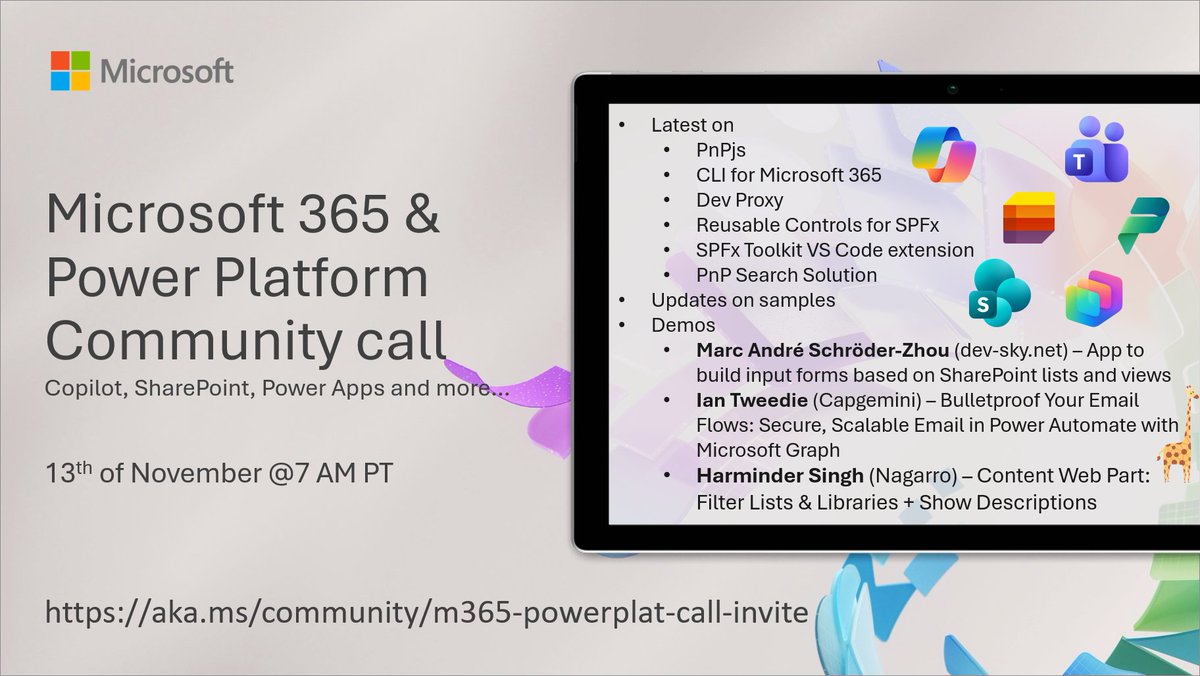 SharePoint's tweet image. 📅 Agenda for the #Microsoft365 &amp;amp; #PowerPlatform Community call 13th of Nov

• The latest updates ⚡
• Focus this time on #PowerPlatform, #SharePoint &amp;amp; #SPFx
• Presented by @MarcAndreZhou, Ian Tweedie &amp;amp; @Harminder_Sethi

+more! 🚀

👋 Get the invite → msft.it/6015tMFQf