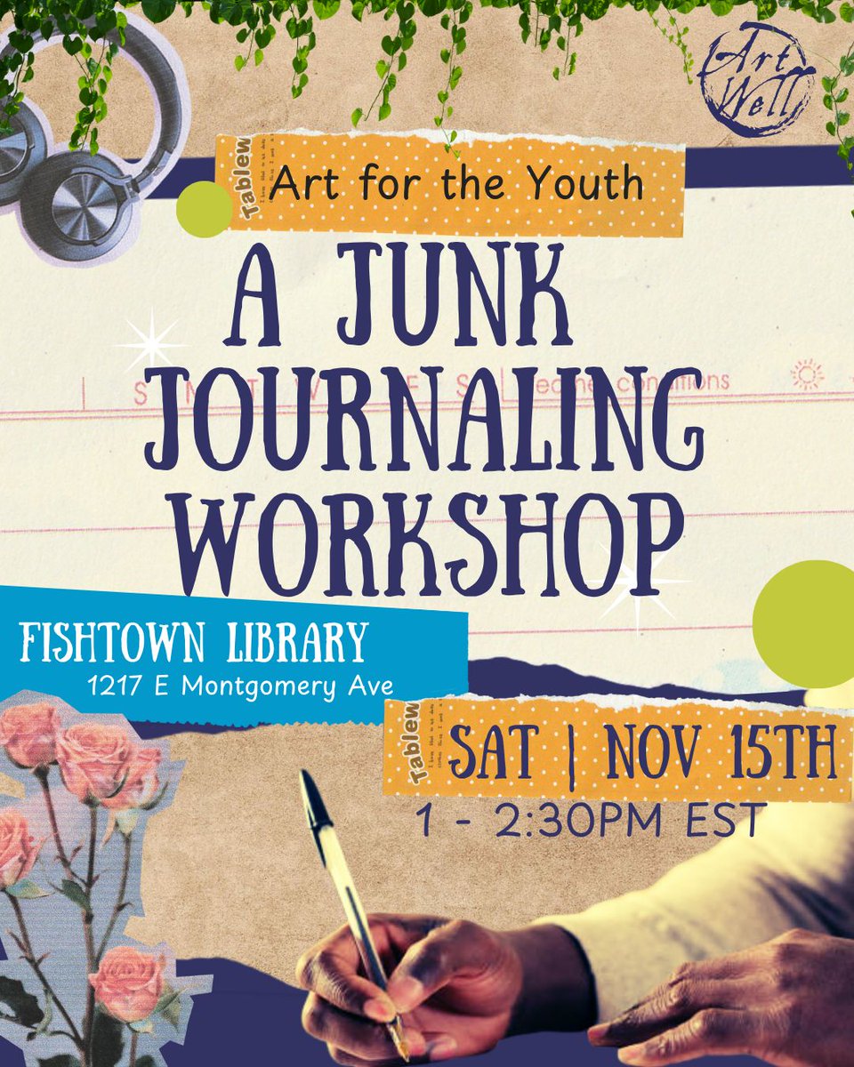 Get your teen signed up for the Junk Journaling Workshop! Think scrapbook paper, stickers, magazines, and more! This #FREE workshop is for teens 13-19 looking to express themselves, destress, and make cool stuff with others in a cozy, welcoming environment.healthymindsphilly.org/event/art-for-…