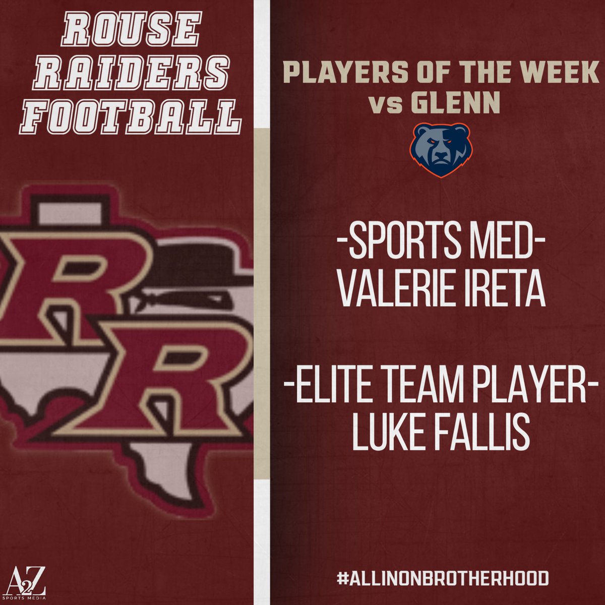 Congratulations to the <a href="/1RoUSeFB/">JoshuaMann#1RoUSe</a> <a href="/rousesportsmed/">Rouse Sports Med</a> &amp; Elite Team Players of the Week. <a href="/RouseRaidersFB/">Rouse High School Football BC</a> #AIOB