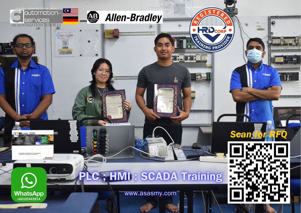 AutomationMy's tweet image. 5-Day #AllenBradleyPLC &amp;amp; #HMITrainingMY done! Two engineers from oil, gas &amp;amp; marine mastered #RSLogix5000, #CompactLogix, #ControlLogix, wiring, troubleshooting &amp;amp; #SCADATraining. Real PLCs, real skills at #ASAutomationMY 👉 asasmy.com/request-quotat…
 #HRDCorpClaimable