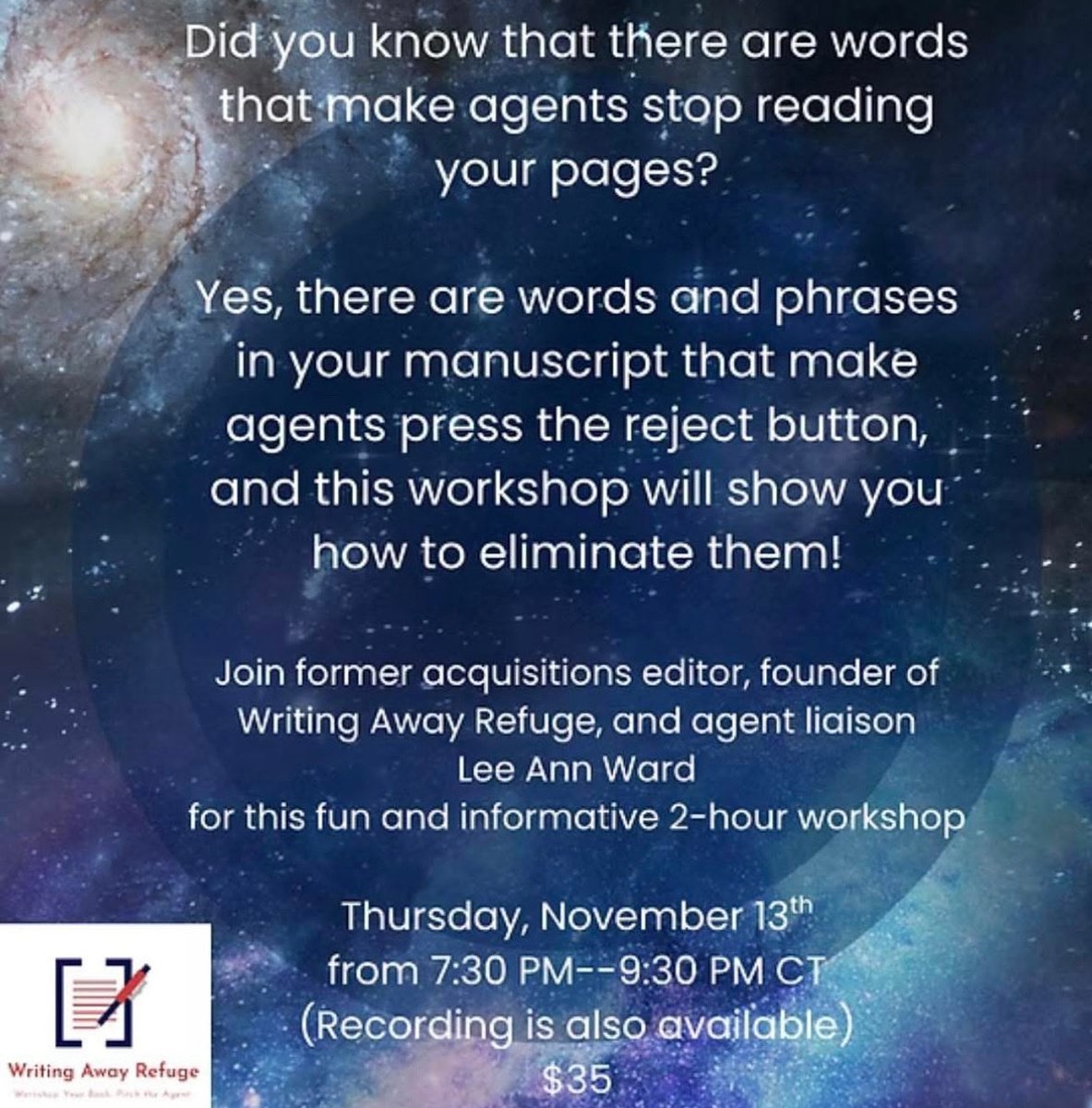 Only 1 day left to register!

Could a few simple words be killing your shot with a literary agent? Yes, there are words you should avoid in your manuscript.

#writingawayrefuge #writingcommunity #writer #amquerying #amwriting #WritersLife 

writingawayrefuge.com/about-5-3