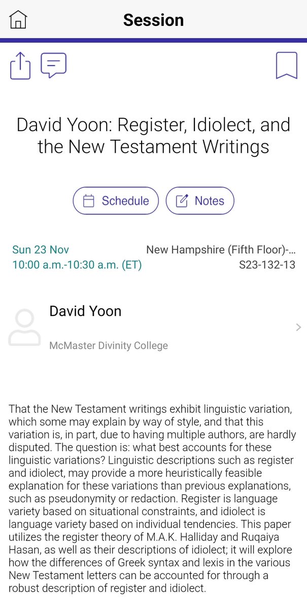 drdaveyoon's tweet image. Schedule set for ETS/IBR/SBL. If you&apos;re around for SBL, come to my paper on register and idiolect in thr NT writings! #SBL2025 #AARSBL2025