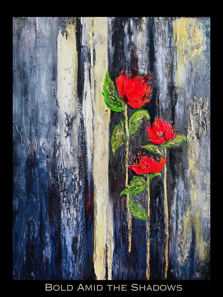 Red blooms rise through shadow — a symbol of resilience, remembrance, and renewal.
On this Remembrance Day, may we carry forward their light.
Bold Amid the Shadows | Oil on canvas.
 #armisticeday #canada #canadianart #canadianartists #oilpainting #art #fineart
