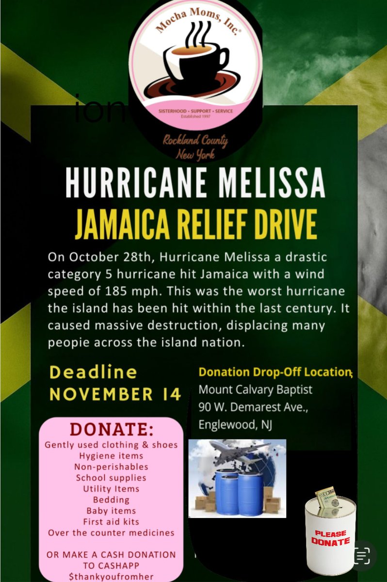 Join us as we partner with Mocha Moms Inc to collect essential items for families in Jamaica who need them most! The deadline is the 14th, please feel free to text or call 201.250.5653 to schedule a drop off or pick up. Every contribution, no matter how big or small helps 🇯🇲
