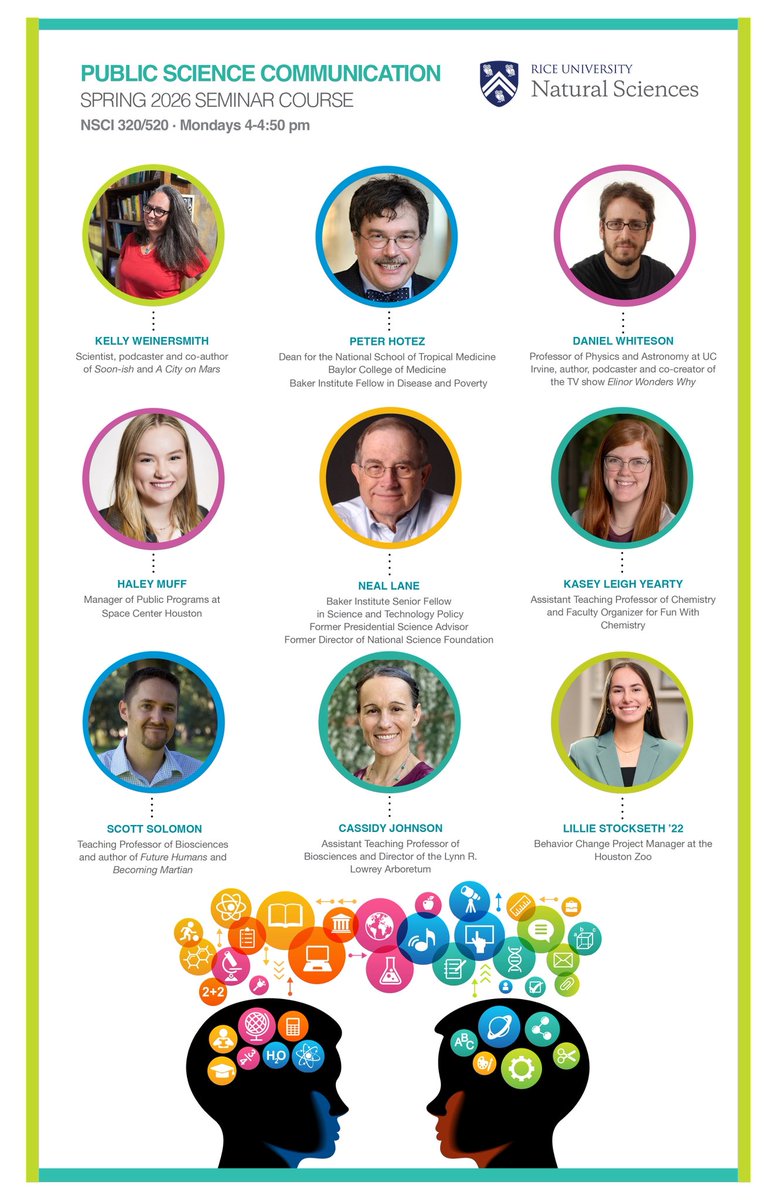 ScottESolomon's tweet image. So excited for this #scicomm seminar course this Spring! Such a great lineup! Open to all @RiceUniversity students!