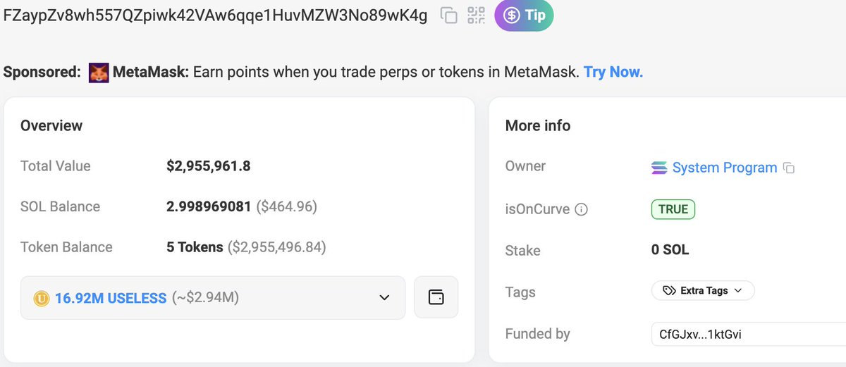 Someone's aggressively accumulating $Useless:
✅$880K bought yesterday
✅$952K transferred between wallets
✅$2.94M total position now

Uselessly bullish.
<a href="/theunipcs/">Unipcs (aka 'Bonk Guy') 🎒</a> 👀