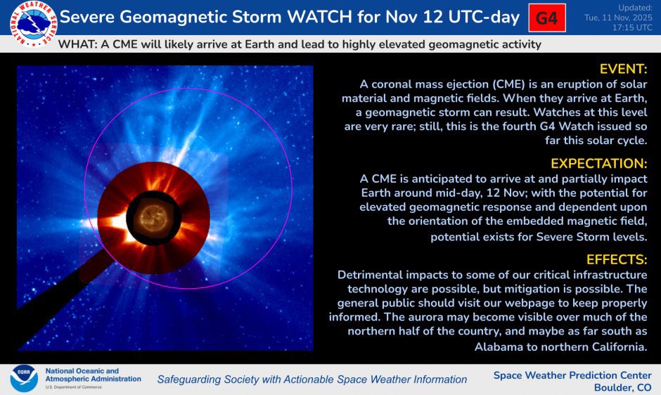 MikeMasco's tweet image. ⚠️BREAKING..A MAJOR SOLAR STORM ERUPTED TODAY.. a CME has reached Earth this evening with continued solar activity through tomorrow! 

NOAA has issued a “G4 WATCH” which is the 2nd highest level alert for tonight - tomorrow. CME- Energy levels continue to increase and thus…