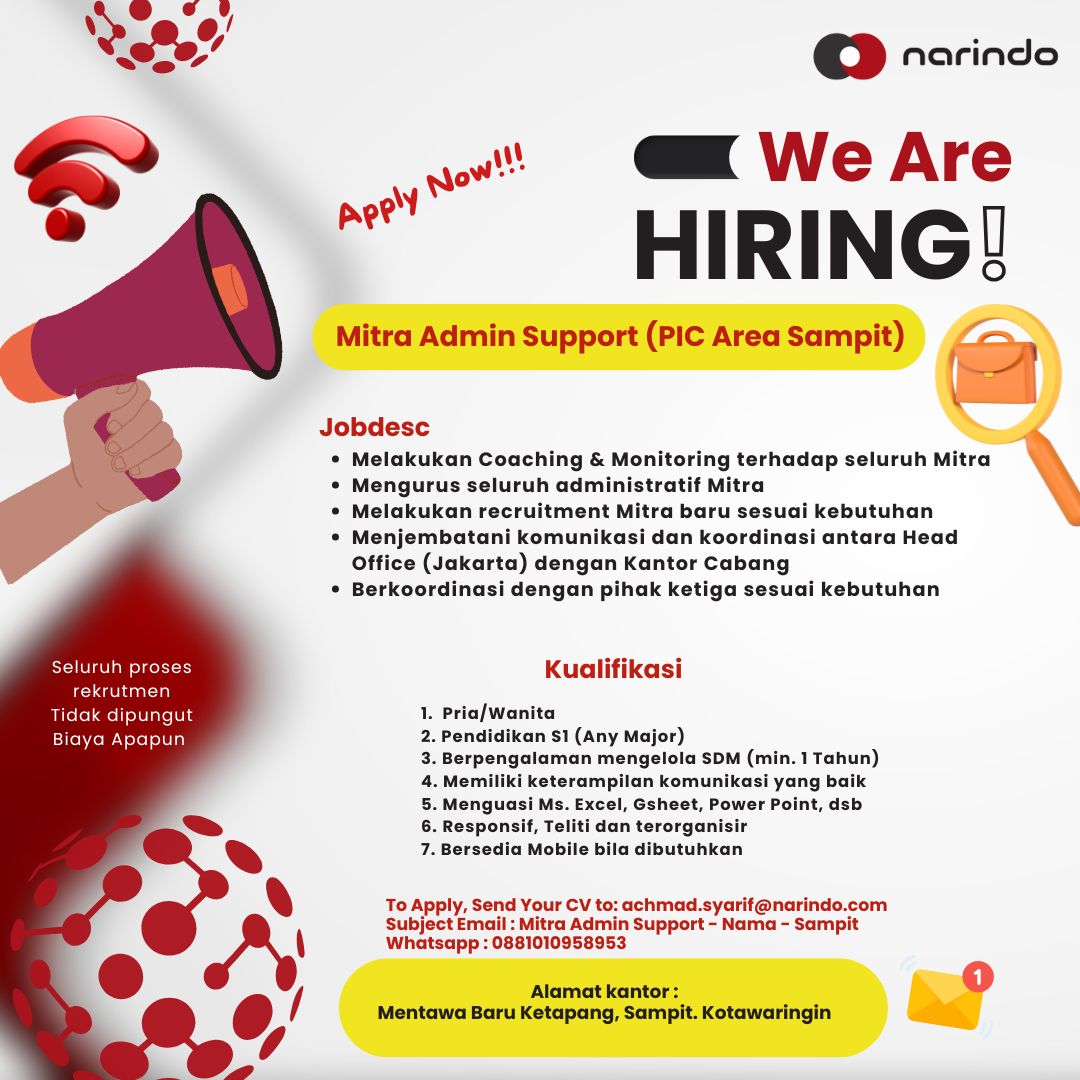 toplokercom's tweet image. 📢 Loker Mitra Admin Support – Narindo (Sampit)! Min S1, pengalaman SDM 1th, komunikatif &amp;amp; teliti 💪 Mahir Excel &amp;amp; siap mobile 📊 Gaji kompetitif 💰 Kirim CV ke achmad.syarif@narindo.com ✉️ Subjek: Mitra Admin Support - Nama - Sampit #lokerSampit #lokerAdmin #Narindo