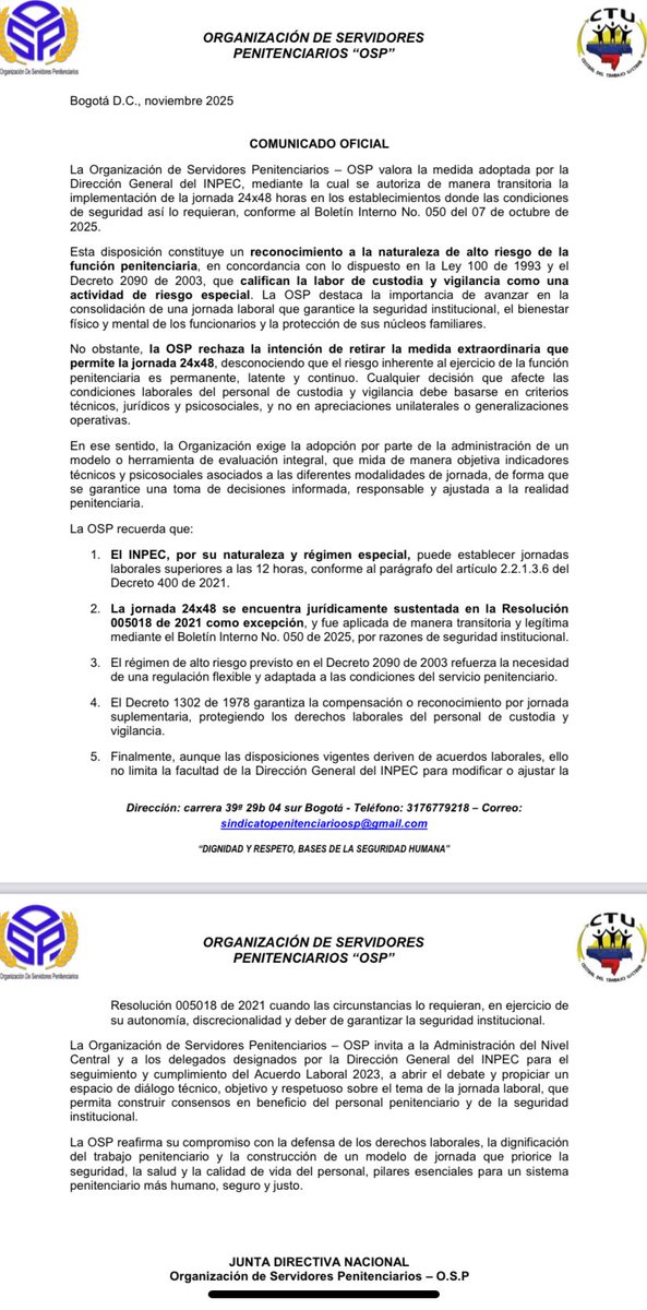 La <a href="/ospinpec/">OSP</a> insta a la <a href="/DInpec/">Director General INPEC</a> a abrir el debate y promover un espacio de diálogo con el fin de alcanzar consensos respecto a la jornada laboral.
consideramos necesario realizar un análisis integral —jurídico, técnico y psicosocial— que permita adoptar una decisión congruente.
