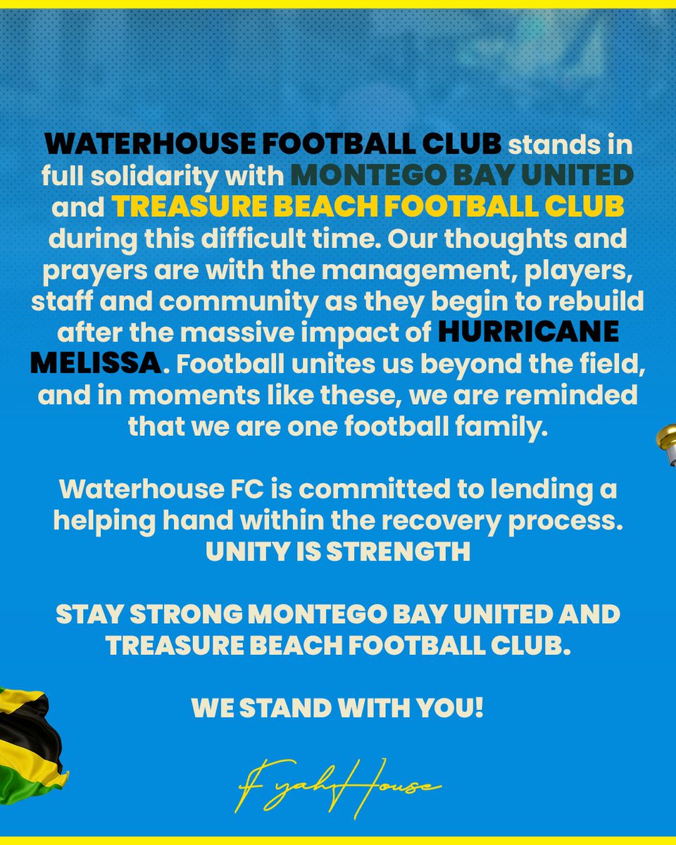 iamwaterhousefc's tweet photo. π―π² In times of trial, we stand together. Our thoughts and prayers remain with our brothers and sisters across Jamaica πππ€
Football unites us beyond the field, and together, weβll rise again β stronger than before. πͺ
#PrayForJamaica #OneFootballFamily #FyahHouse https://t.co/odZG8ztiiQ