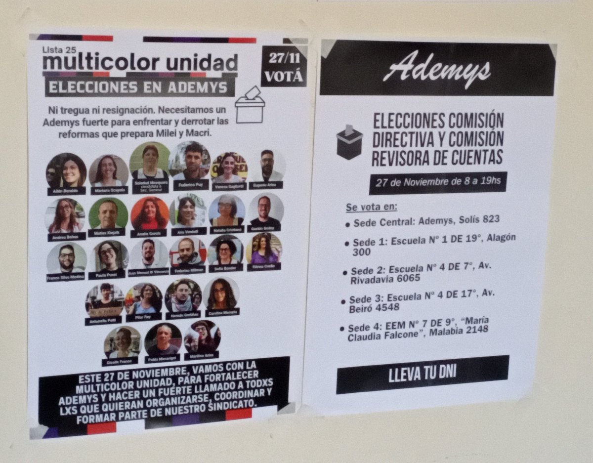 Soledadm80's tweet photo. Este 27 de Noviembre en las elecciones de Ademys votá Lista 25 Frente Multicolor Unidad, para enfrentar el ajuste y la motosierra en las escuelas y en las calles y seguir fortaleciendo el sindicato ✊
@MaestresyProfes https://t.co/DNkSEncQk7