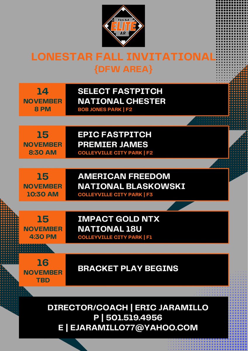 AddisonFarley7's tweet image. 🚨 Schedule is out for Texas! 🚨
Come check out Tulsa Elite 18u Jaramillo at the @TopGunEvents Lonestar Fall Invitational. I’m excited about competing with this team for our last event of the season.