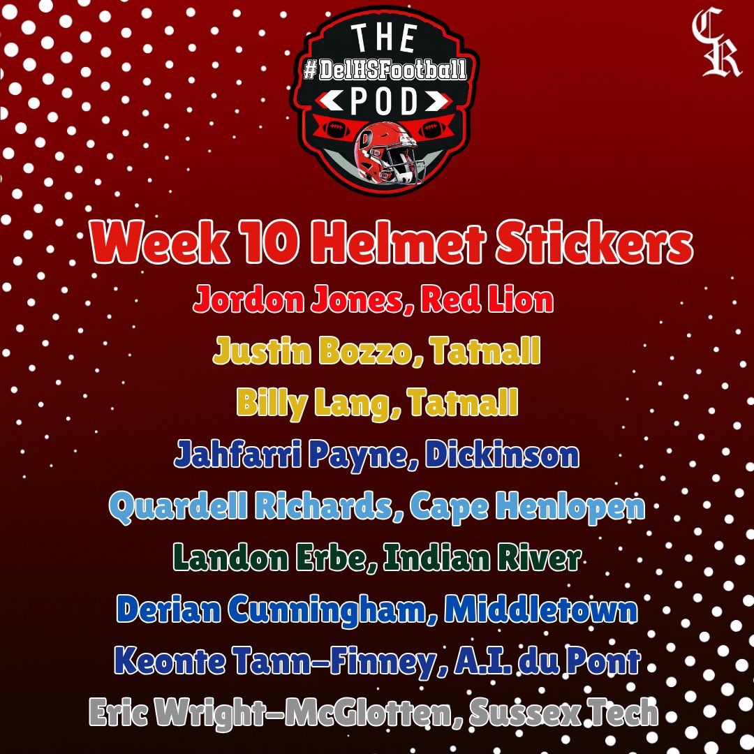 DelHSFootball's tweet image. Congratulations to our week 10 helmet sticker honorees #delhs graphic by @CR_graphics83